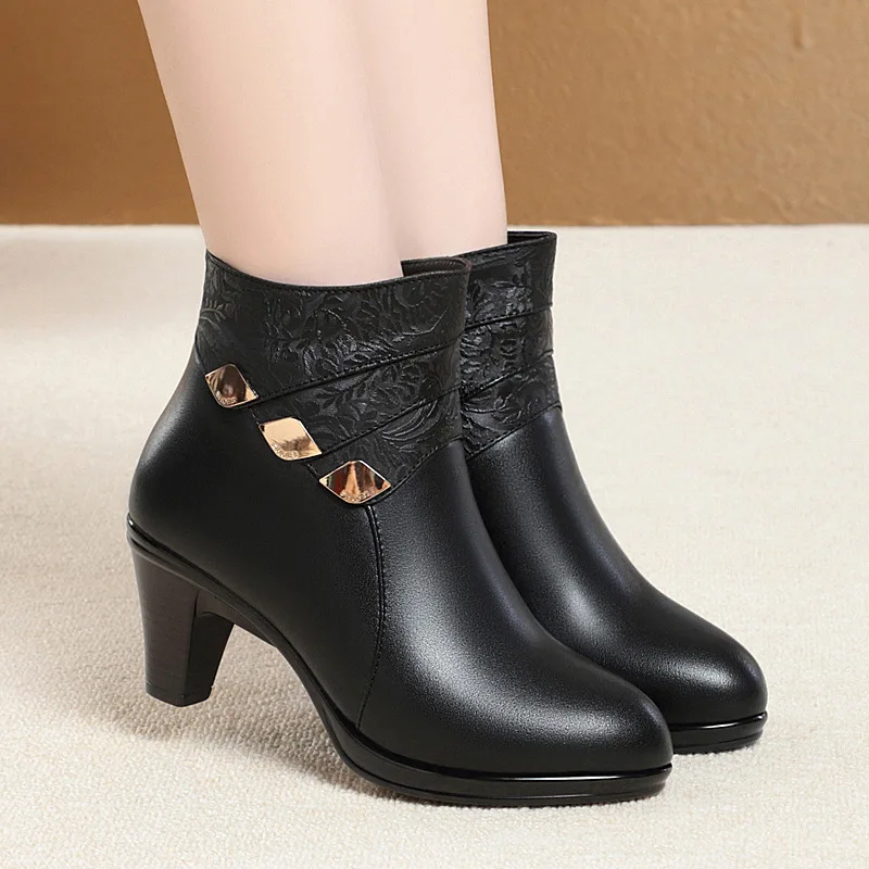 AIYUQI Women\'s Winter Boots 2026 New Genuine Leather Dress Women Boots Fashion Mid-heel Wool Warm Women\'s Ankle Boots