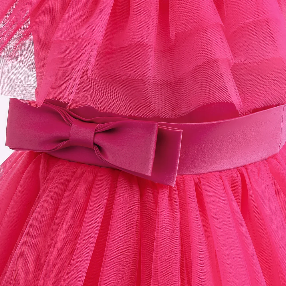 Summer Fluffy Girl Dress Hot Pink Birthday Party Princess Dresses Children Gown Lace Bow Wedding Tutu Dresses for Girls Vestidos