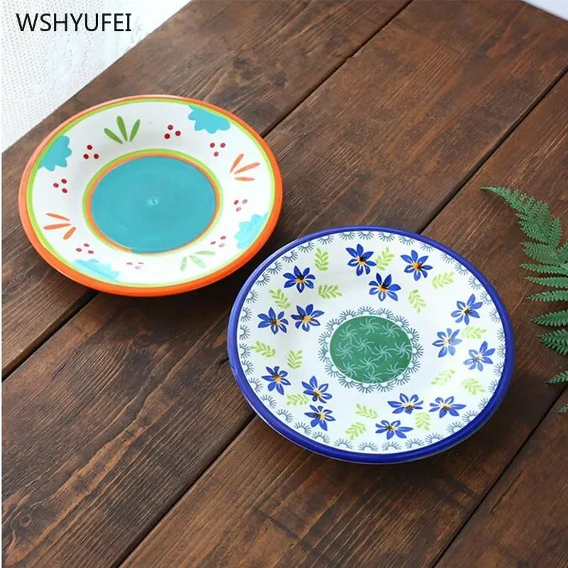 1pcs ceramic painted tableware American flat plate rural style steak Western food round tray snack nut dish kitchen supplies