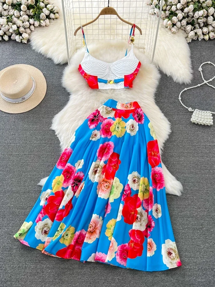 

Summer Beach Vacation Beach Skirt Suits Women Fashion Elegant Sexy Print High Waist Half Length Skirt Two Piece Sets