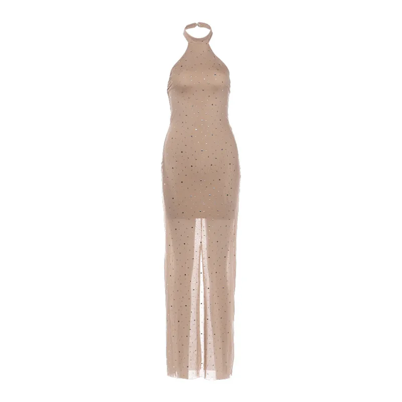 

Nude Halter Sequin Bodycon Maxi Dress Sparkly Backless Evening Party Gown for Women