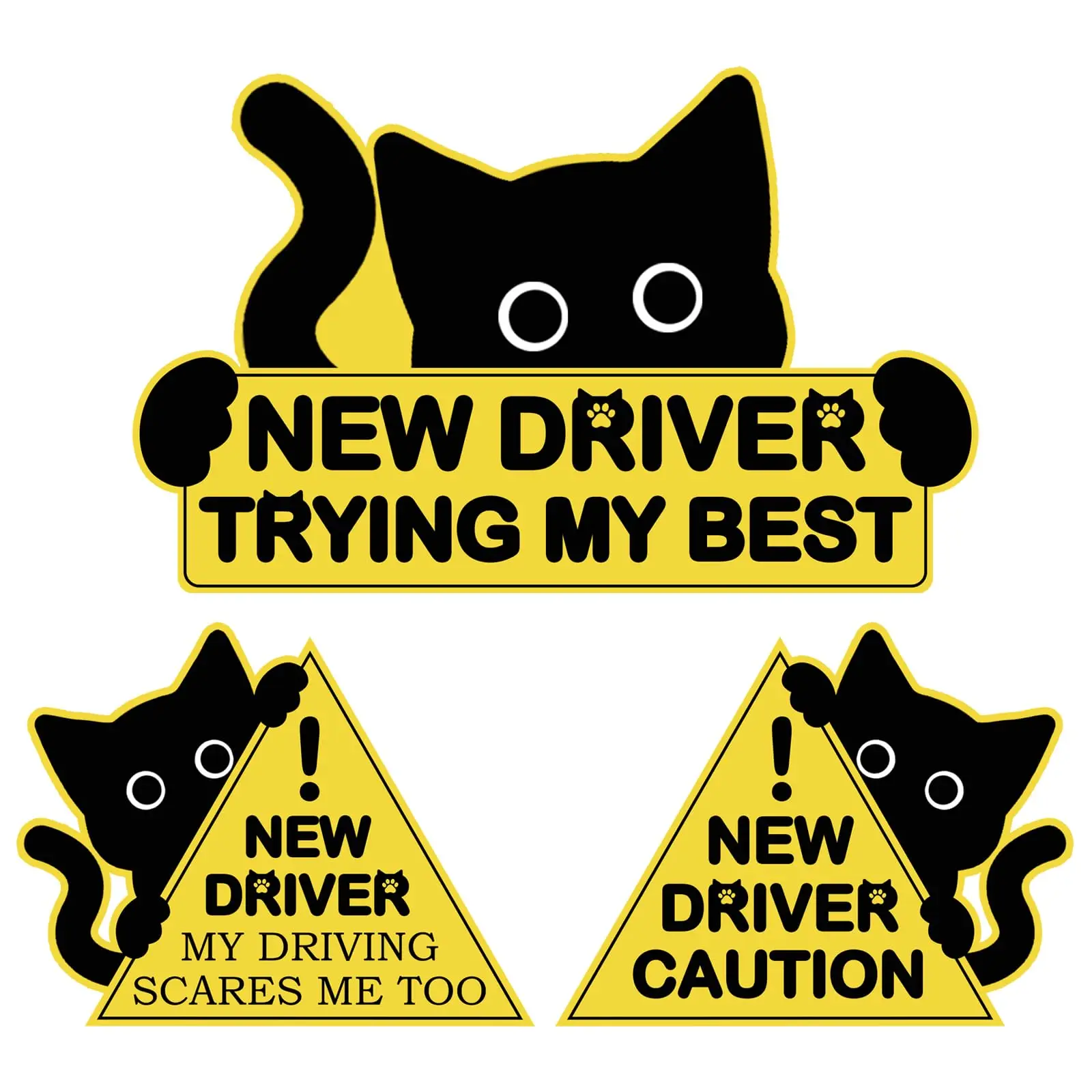 Lot de 3 aimants amusants pour nouveau conducteur, motif chat noir, avec avertissement de sécurité 'Veuillez être patient', pour pare-chocs et vitres de voiture