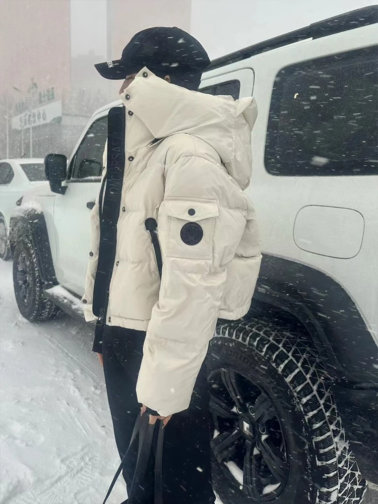 New Fashion Winter Keep Warm 90% White Duck Down Coat Women Contrast Color Hooded Quilting Bread Style Loose Thick Jacket