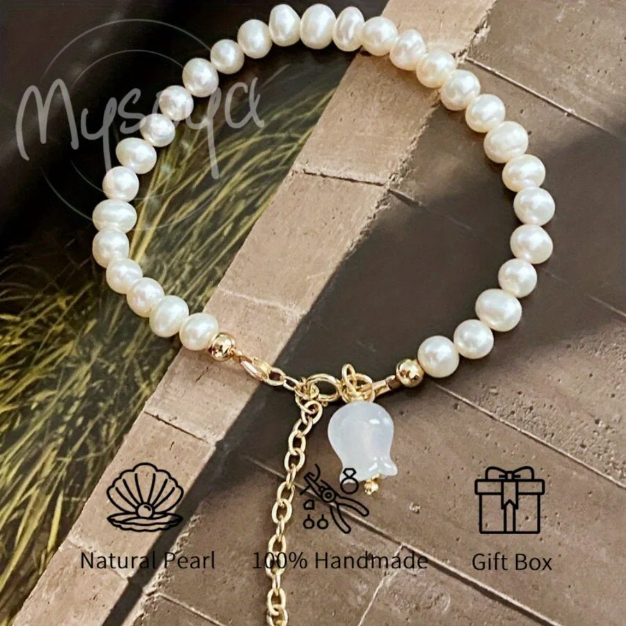 

MYSOYA White Freshwater Pearl Bracelet Lily of The Valley Pendant 5-6mm with Gift Box Birthday Gift Wedding Jewelry