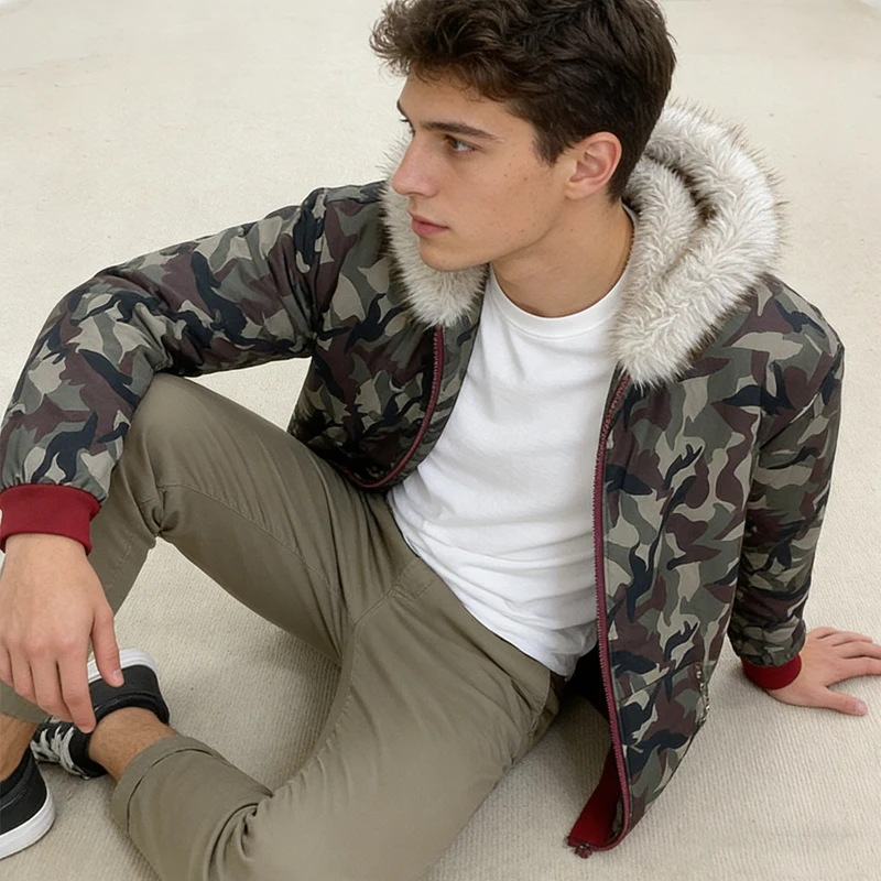 26 new autumn and winter camouflage fur collar hooded sweatshirt zipper fashionable casual top men's and women's outerwear