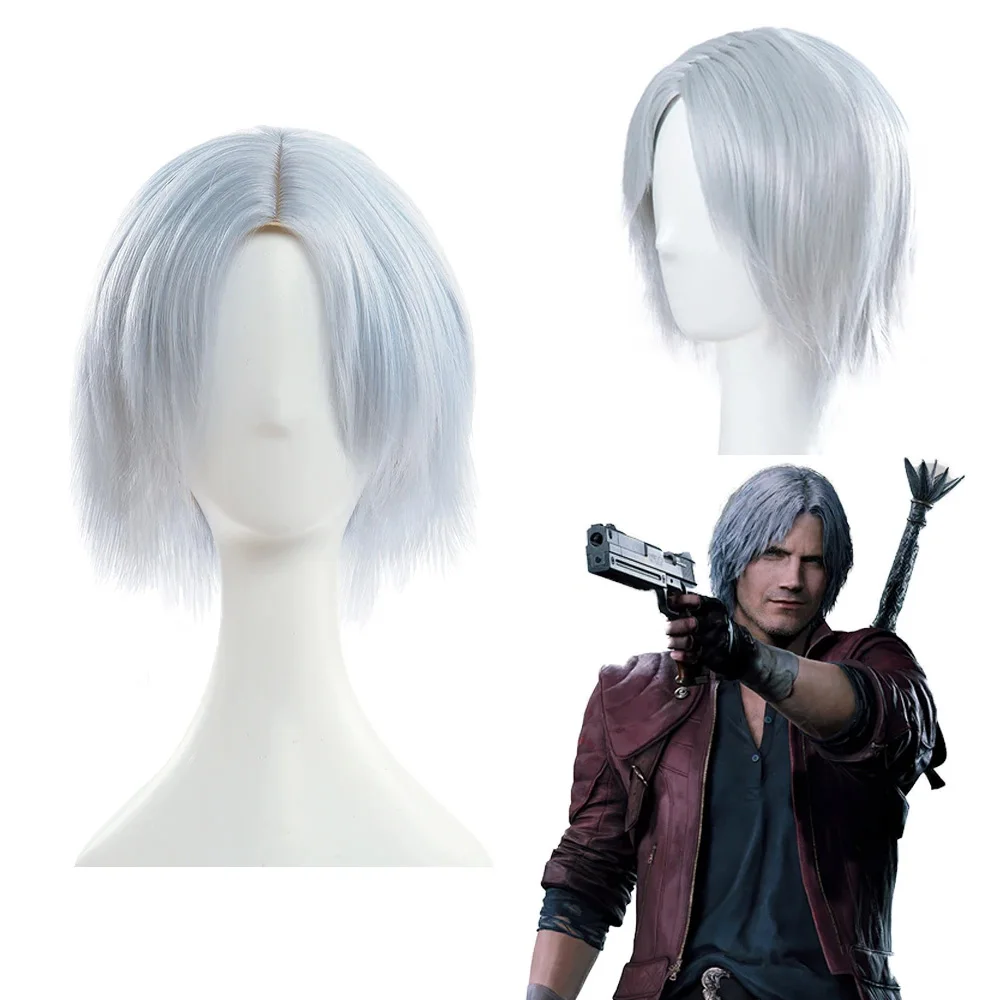 Dante Cosplay Silver Wig Game DMC 5 Headwear Costume Accessories Synthetic Hair Men Halloween Role Play Party Props Disguise