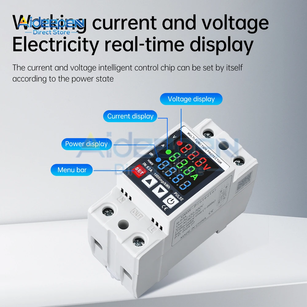 35mm Din Rail Voltage Current Power Meter AC 110V 220V 63A Voltmeter Ammeter Frequency Indicator LCD Digital Display Detector