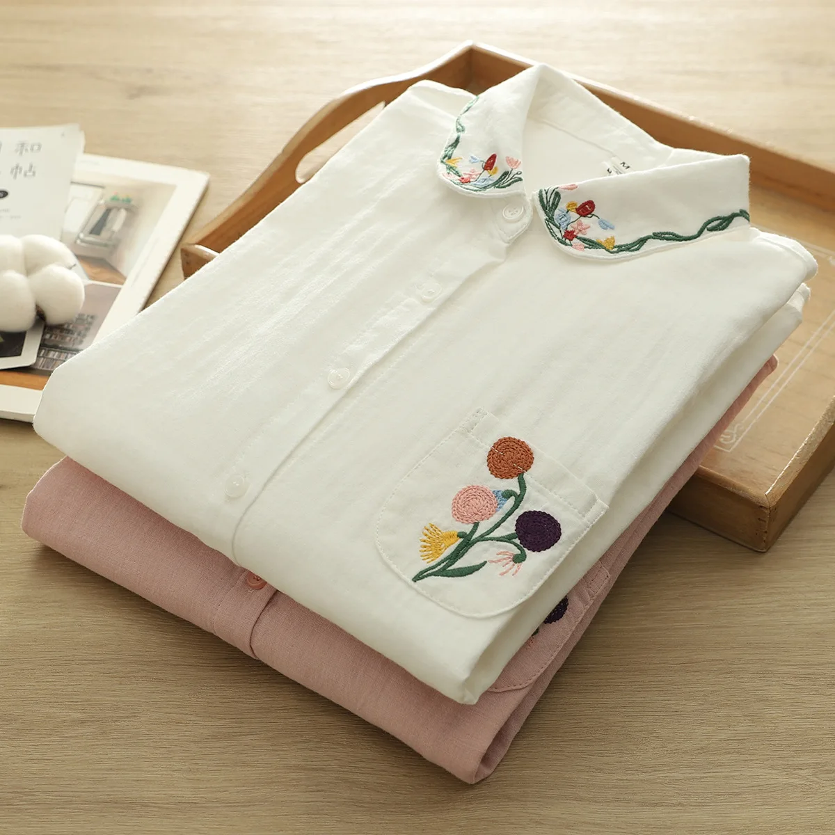 2025 koreanische Kleidung Damen Tops 100 % Baumwollgarn weiß rosa Blumenstickerei Hemden und Blusen elegante Damenbluse