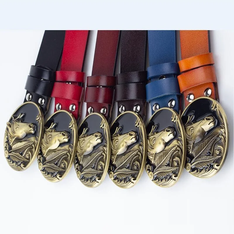 Golden Horse Head Buckle Belt Cowskin Leather Steed Fashion Western Cowboy Style Waistband For Men Women Gift