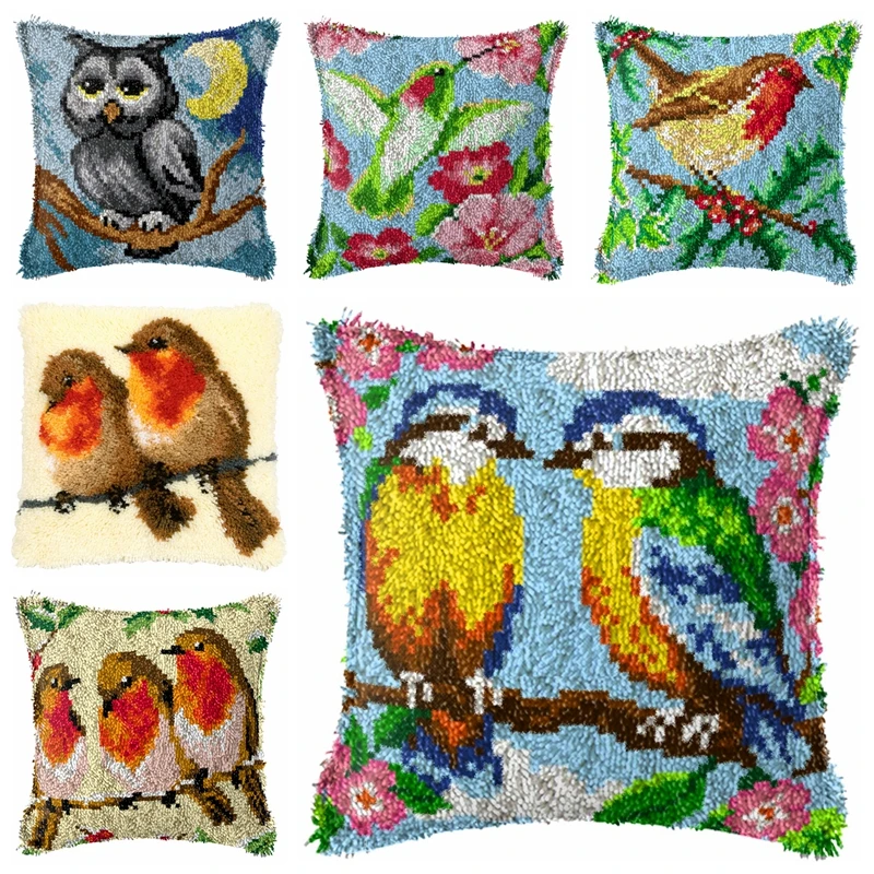 Birds Latch Hook Pillow Kit Cute Bird Smyrna Buttons Package Embroidery Set Handmade Decor Handcrafts Plastic Mesh