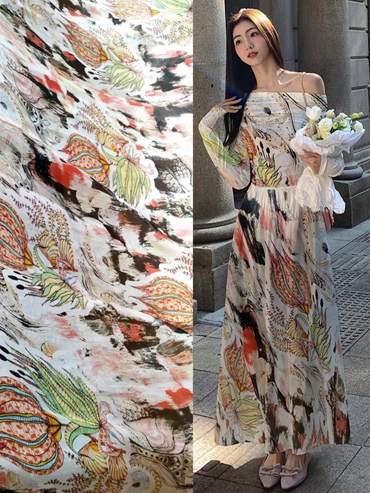 Real 100% Mulberry Silk Fabric High Set Women\'s Dress Fashionable Light Luxury Print Flower Cloth Sewing Fabrics by The Meters