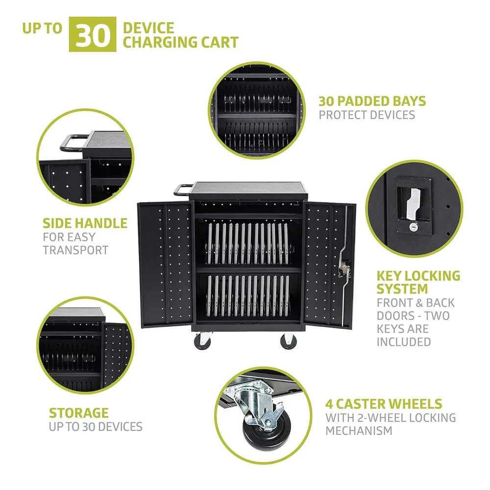 Troli Pengisian Daya dan Penyimpanan Bergerak 30 Bay untuk iPad, Chromebook, dan Komputer Laptop, Ukuran Layar Hingga 13 inci, Perlindungan dari Lonjakan Arus