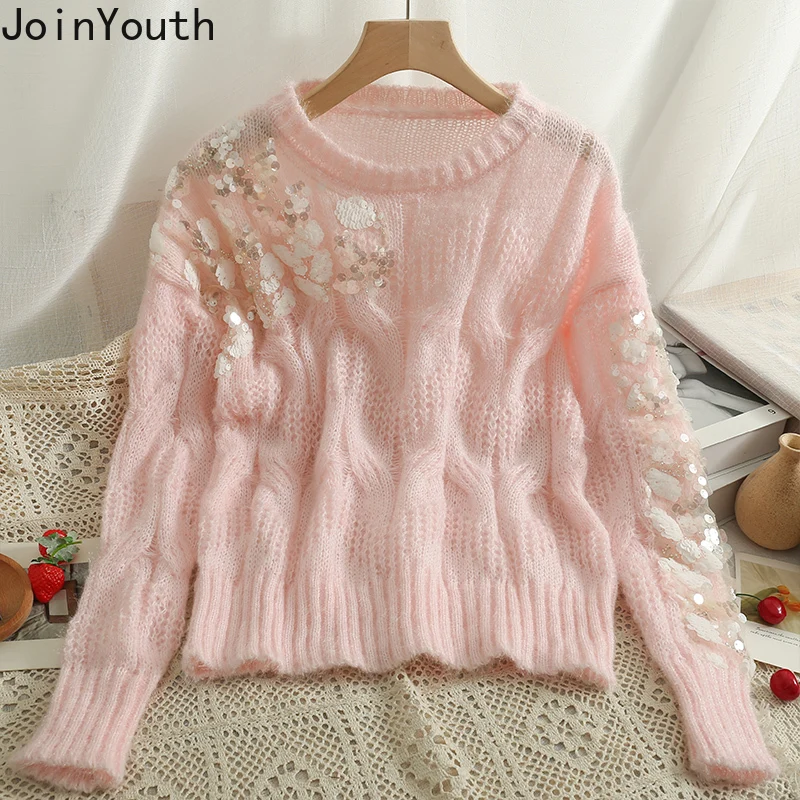 Korean Sweater Fashion Pullovers Tops Women Gauze Patchwork Sequined Pull Femme Y2k Clothes Sueter Mujer Knit Sweater Jumper