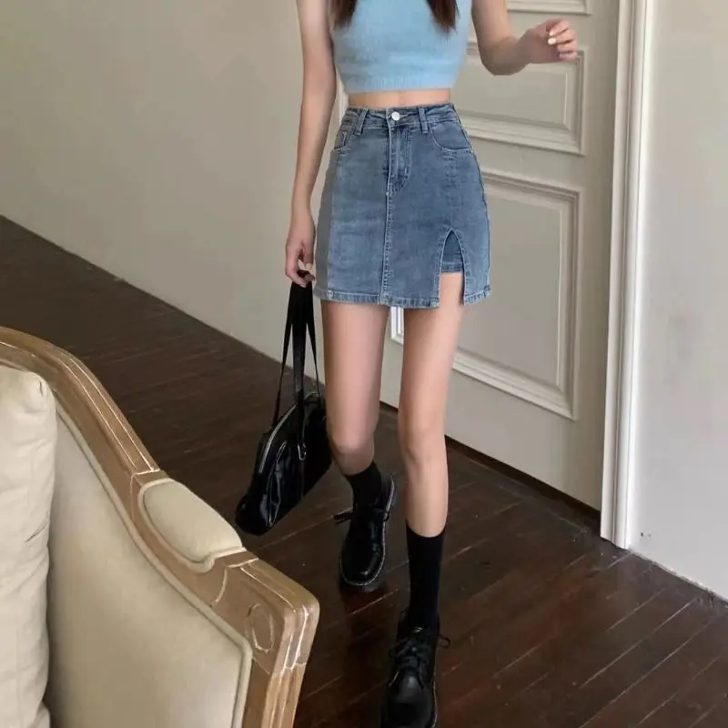 

High Waist Elastic Denim Skirt Women's A-Line Short Skirt Pants Skirt Split Tight Skirt Summer Casual Blue Cotton Polyester