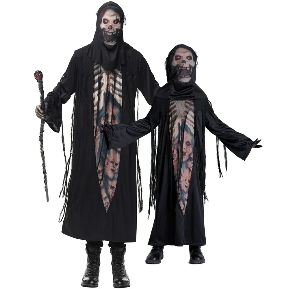 Family Matching Grim Reaper Costume Skull Robe Hooded Cape Staff Halloween Cosplay Scary Night Party Trick or Treat Outfit PS66
