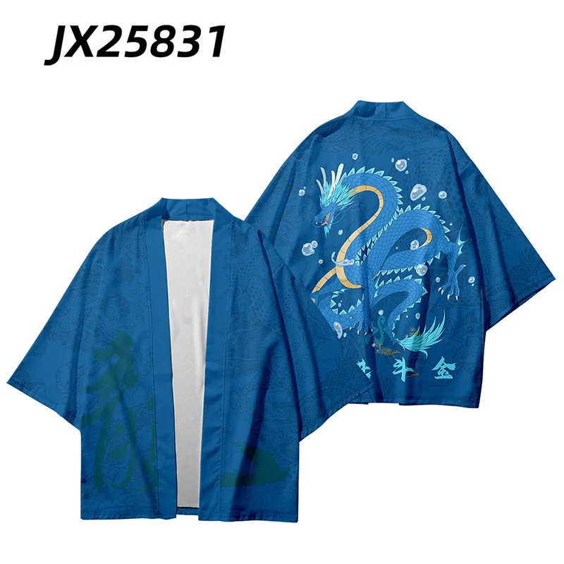 

Blue Dragon Print Chinese Style Shirt Japanese Traditional Haori Kimono Women Men Beach Yukata Streetwear Cardigan Samurai Tops