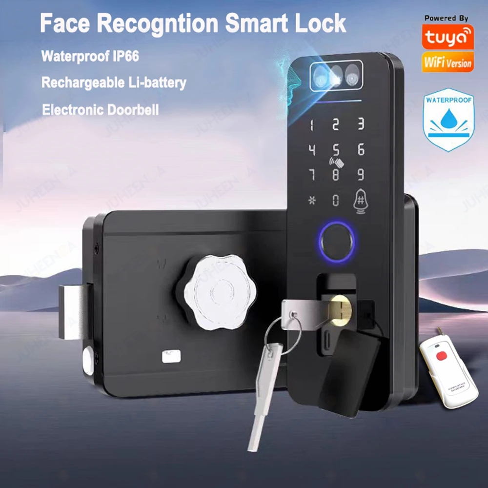Rechargeable 3D Face Recognition Tuya Wifi Waterproof Smart Lock Digital Passcode Fingerprint Outdoor Gate Electric Rim Lock
