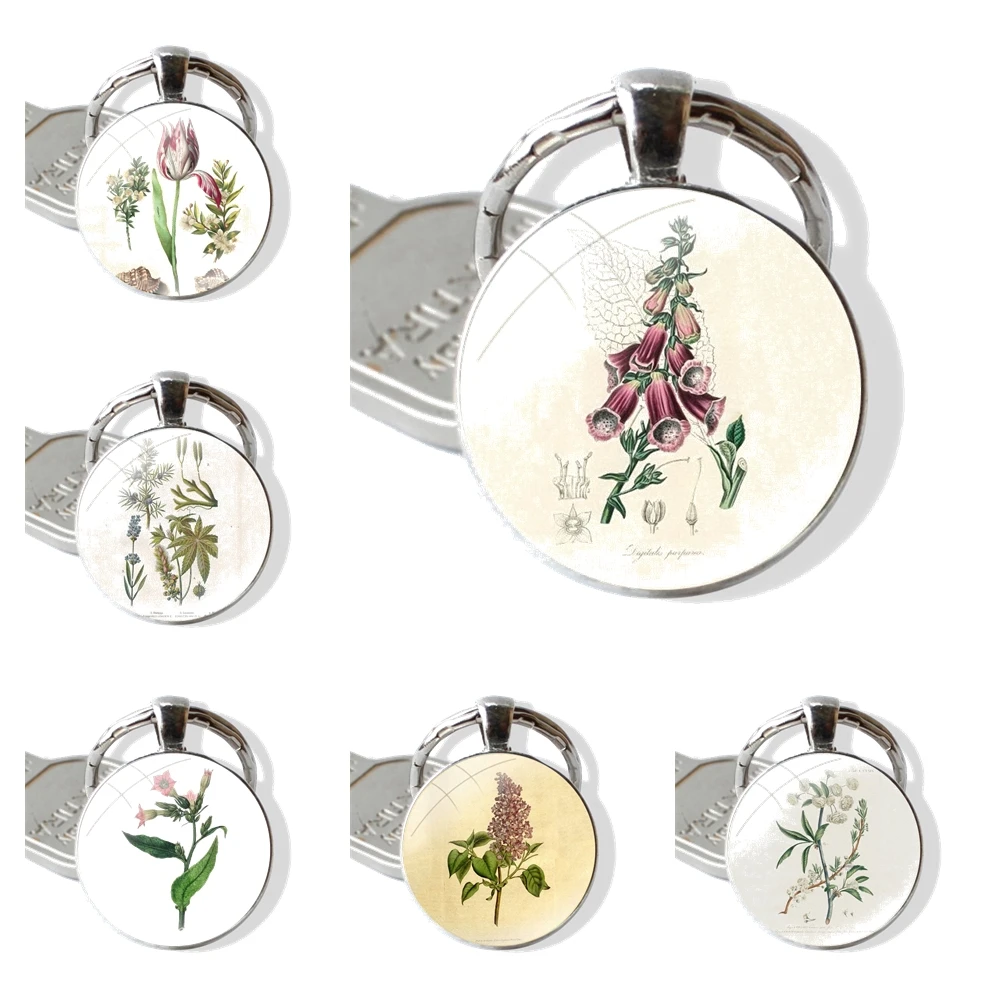 Keychain Handmade Glass Cabochon Key Ring Holder Pendant Key Chains Botanical Drawings Flowers Plants