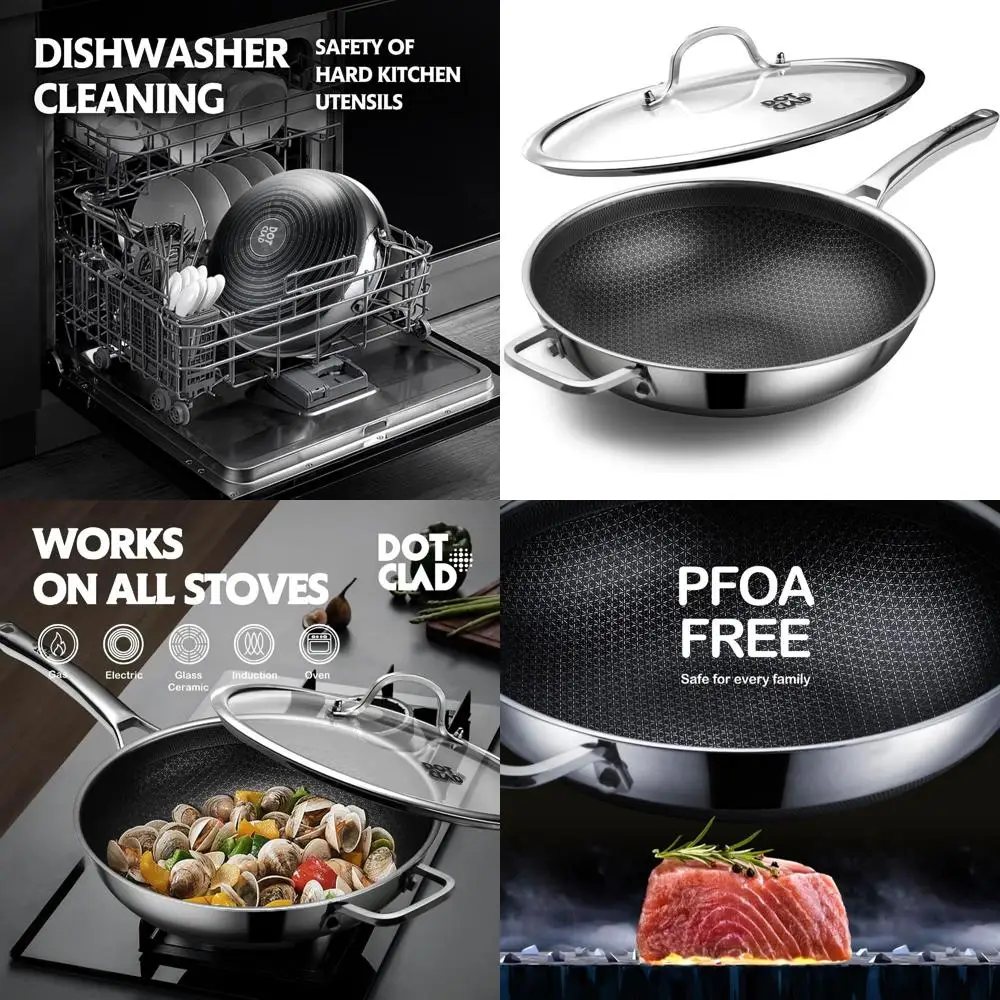 

12-Inch Hybrid Wok Pan with Lid, Non-Stick Stainless Steel, Dishwasher and Oven Safe, Suitable for Induction Cooking