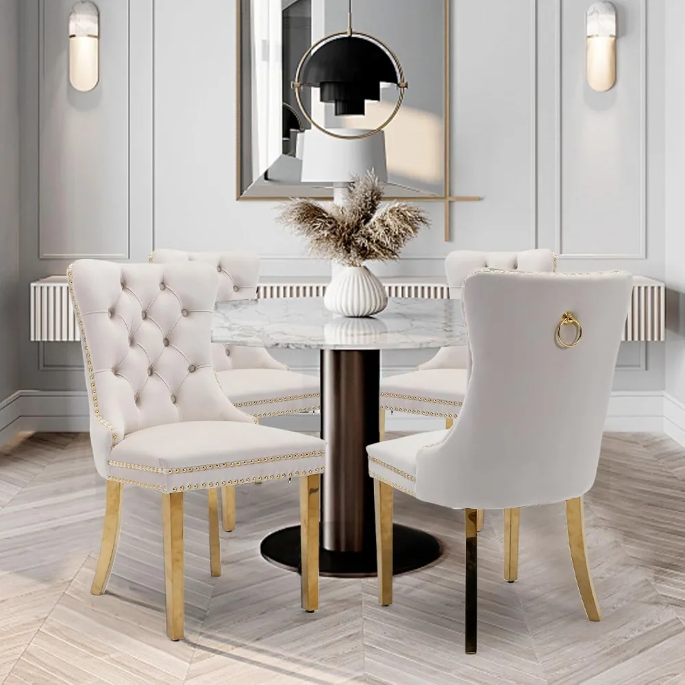 Velvet Dining Chairs Set of 4 Upholstered Tufted Dining Room Chair Kitchen Side Chairs with Nailhead Trim and Gold Plated Legs