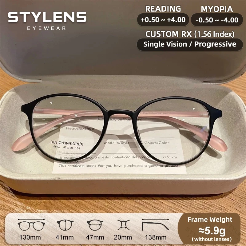 STYLENS Round Ultralight Myopia Prescription Glasses Women Men Anti Blue Light Casual Reading Glasses Custom Progressive Eyewear