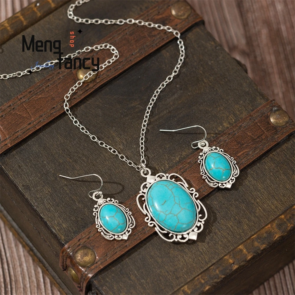 

Комплект бирюзового ожерелья и сережек в богемном стиле, модные и качественные серьги, элегантные ювелирные изделия, модные украшения, элегантные