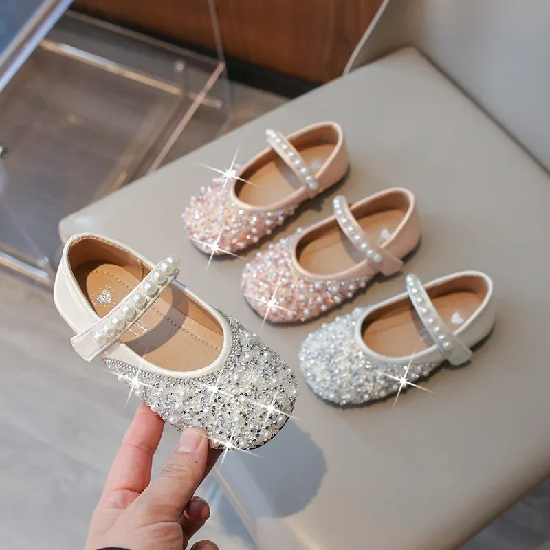 Kids Leather Shoes Spring Autumn Fashion Sequins Pearl Girls Princess Shoes Soft Bottom