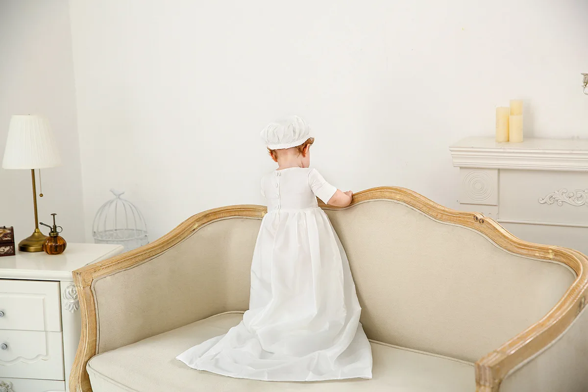 Solid Girl&Boy long Dresses Christening Baby Baptism Clothes with Hat 0-2 Years