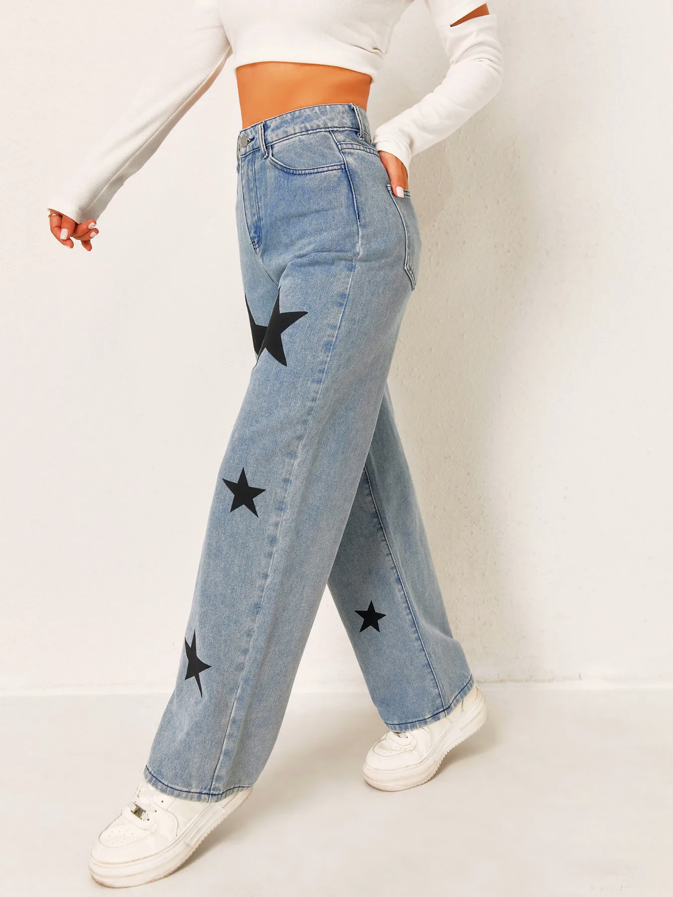 Women's Retro Y2K Star Print Wide Leg Jeans Slim-Fitting Versatile Hot Girl Style 2026 New Fashion Trend