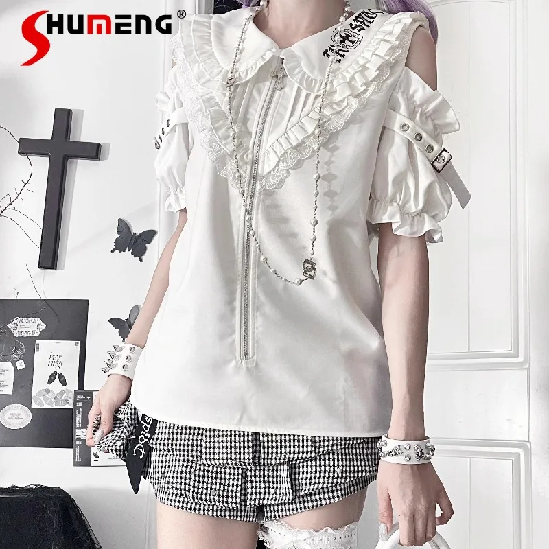 

Новая женская блузка в японском стиле с принтом, универсальная, темно-черная, с открытыми плечами, на молнии, с короткими рукавами