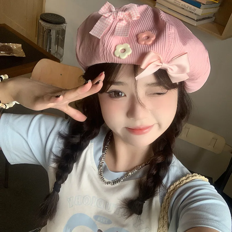 Y2K Cute Oversized Painter Hat with Bow Cloud-like Creamy Breathable Face-slimming Love Heart Retro Cap Hats for Girls Women