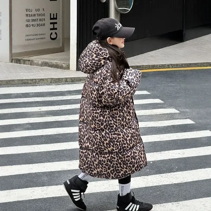 Girls' Winter Down Jacket 2025 New Kids Leopard Print Hooded Thickened Warmth Cotton-padded Coat Stylish Off-season Sale