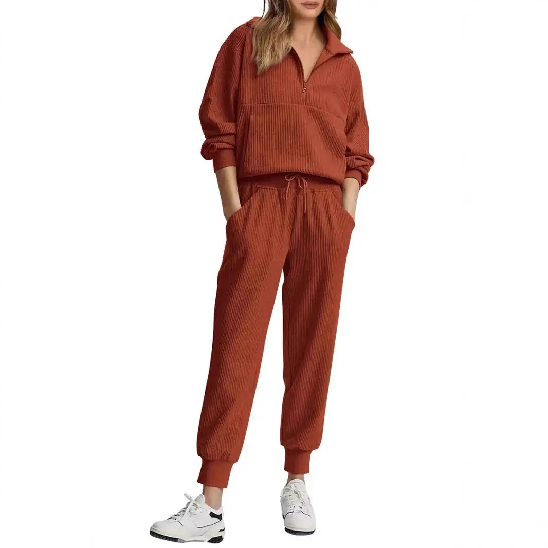 

Women's Casual Long Sleeve Sweatshirt And Pants Set Half Zipper Design Winter Fashion Outfit Three-Piece Set Pure Color