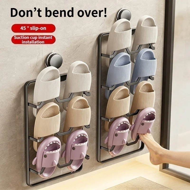 2/3/4 Tier Carbon Steel Suction Cup Slipper Organizer, Punch-Free Wall Mount Behind Door Shoe Storage Holder, Space Saving Bathr