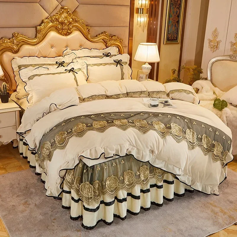 Beige Plush Soft Warm Crystal Velvet Princess Lace Bedding Set Luxury 1/3Pcs Duvet/Quilt Cover Pillowcases Home Textile