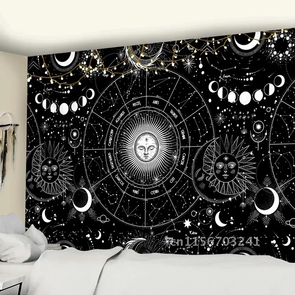 Sky Star Mandala Sun Moon Tapestry Black White Wall Hanging Bohemian Gypsy Psychedelic Tapiz Witchcraft Astrology Tapestry