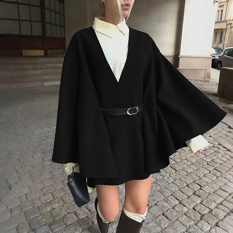 Ticketsx Women Cape Wool Coats Elegant Belt Loose Patchwork Jacket Coat Solid Autumn Winter Commute High Street Female Warm Coat