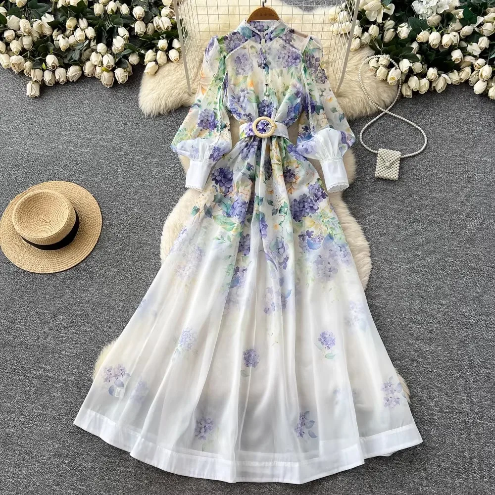 

Women's Summer Autumn Long Sleeve Lace Spliced Maxi Dress Floral Print Chiffon Evening Robe Single Breasted Elegant Draped Gown