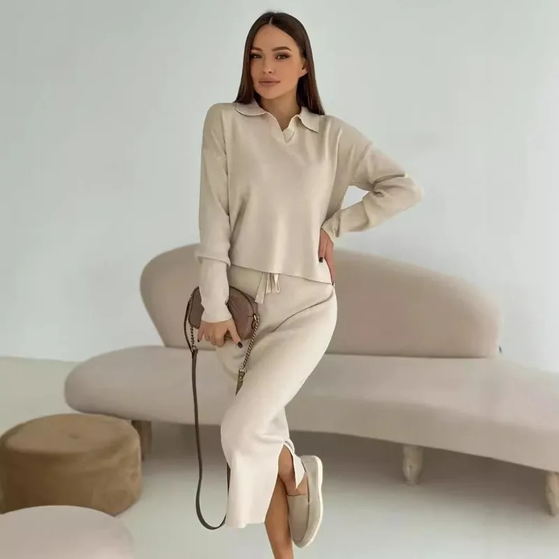 The New Autumn Winter European-style Knitted Suit for Women Features A Soft Slit Sweater Made of Core-spun Yarn Lace-up Skirt