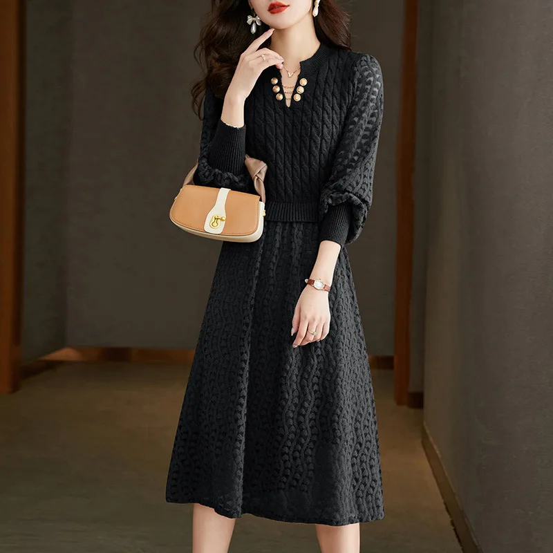 Temperament celebrity knitted dress 2024 autumn and winter new fashion lantern sleeves fake two long sweater skirt