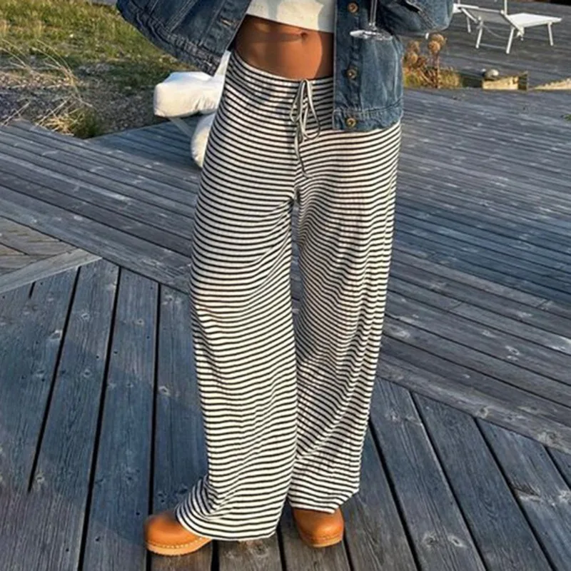 Tuularose Women's Striped Trousers New High Waist Lace-up Loose Casual Straight Pants Vintage Office Lady Fashion Female Pants