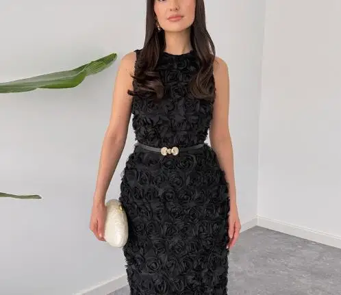 여름 라운드넥 민소매 플리츠 우아한 드레스, 장미 데칼 장식, 패셔너블하고 우아한 여성 드레스