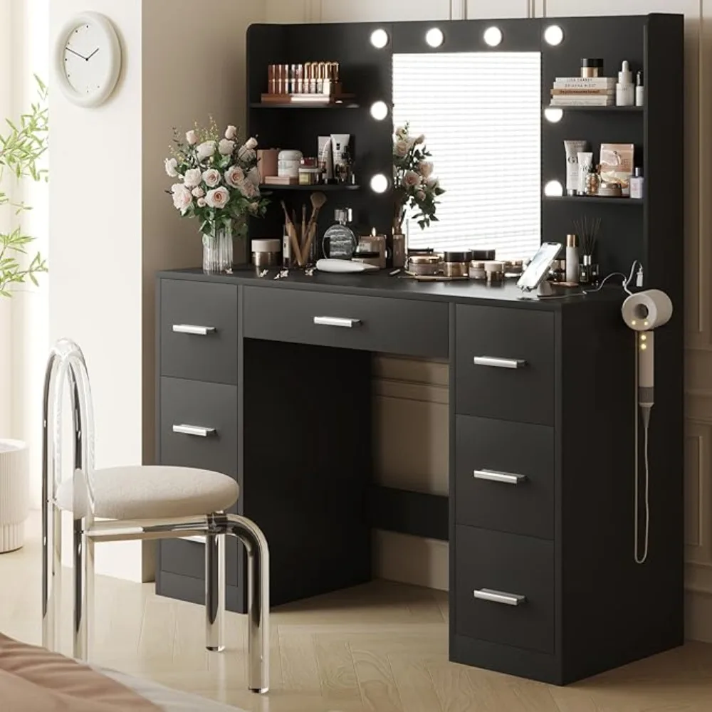 Vanity Desk with Mirror Power Outlet and 10 Lights Makeup Table with 7 Drawers 3 Color Modes Available