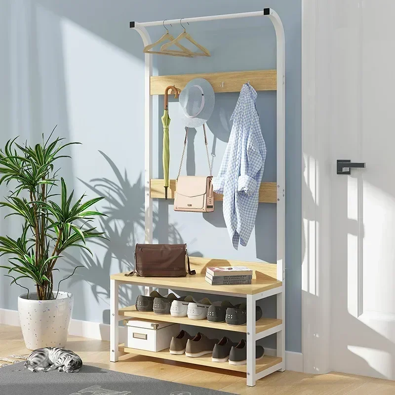 Simple Multi-Hook Clothing and Shoes Stand Rack Hat Cloth Bag Coat Hanger Floor Standing Rack Wood 2 Layer Shoes Storage