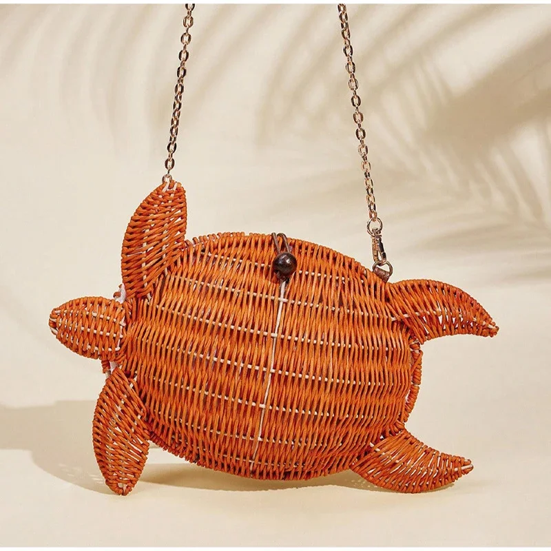 Schildkrötenförmige Rattan-Gewebte Umhängetasche mit Kettenriemen, Handgefertigte Stroh-Strandtasche, Damen Sommer-Abendtasche – Detail 13