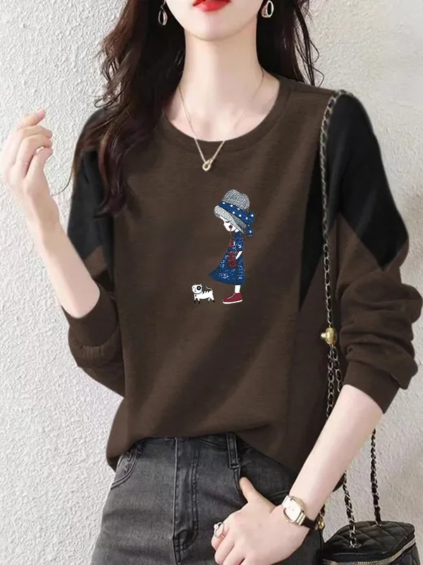 

Long Sleeve T-Shirt Women's Loose Fit Print Velvet Polyester Spandex Korean Style Autumn Winter New Fashion Top