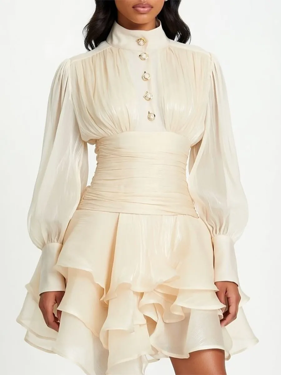 TWOTWINSTYLE Effen gesplitste ruchesjurk Vrouwelijke opstaande kraag Lange mouw Losse Franse elegante damesjurken Herfstmode Nieuw - afbeelding 2