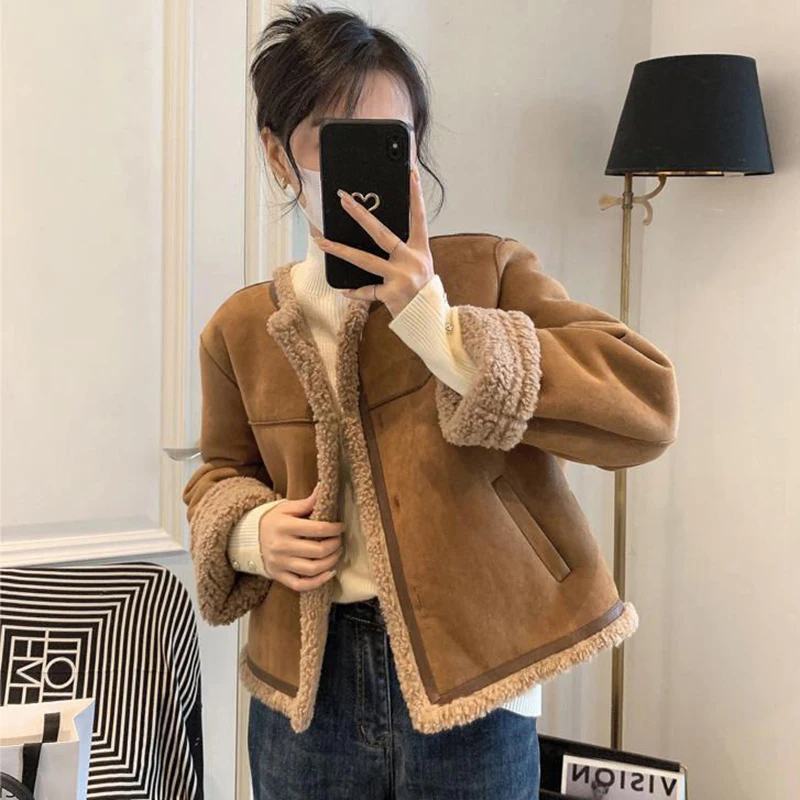 2023 Winter Lambswool Bomber Jacket For Women Suede Fabric BF Wind Fur One Coat with Zipper Thick Warm Cropped Biker Jackets