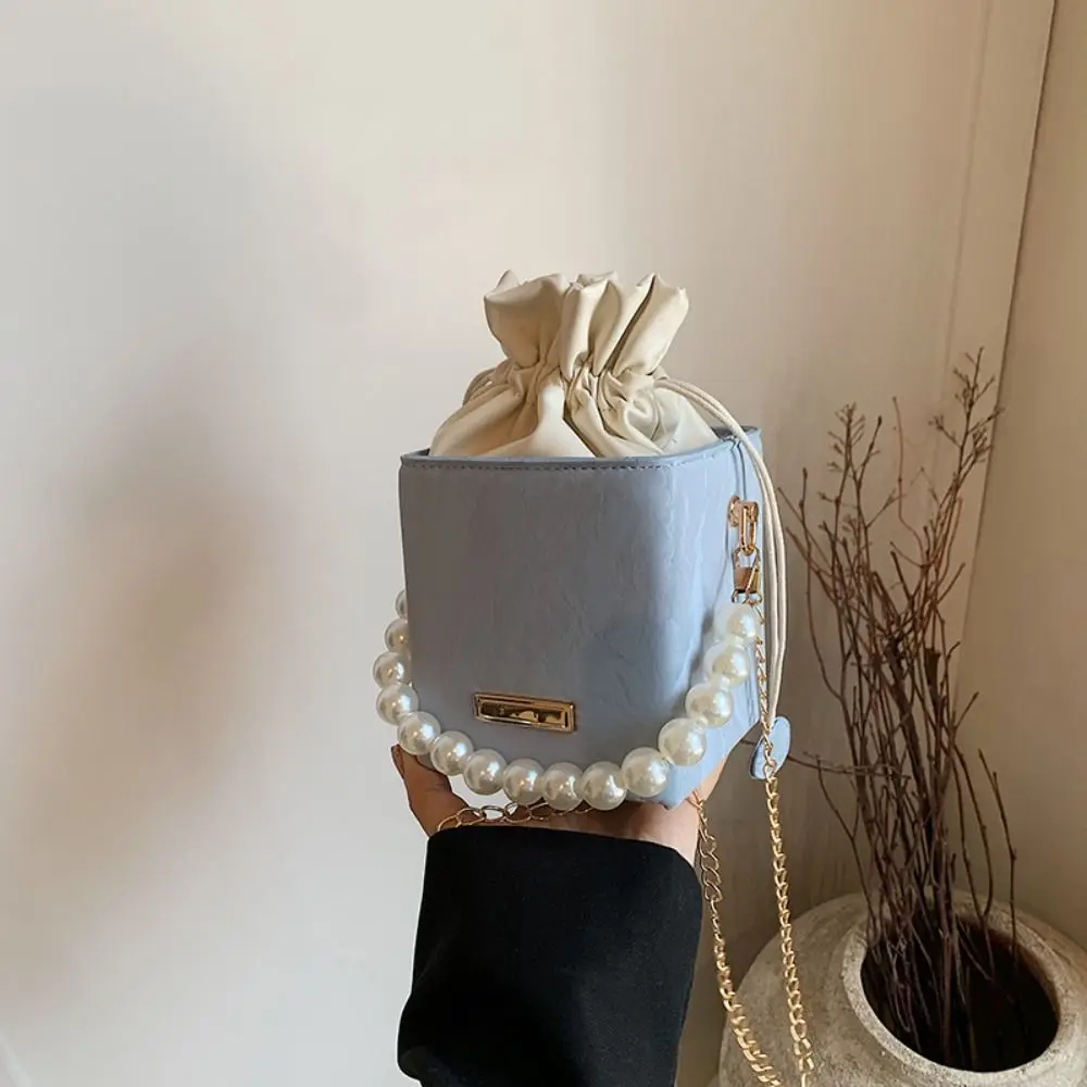 

Fashion Pu Leather Women Bucket Bag Square Pearl Drawstring Crossbody Bag Chain Strap Vintage Luxury Shoulder Bag Female