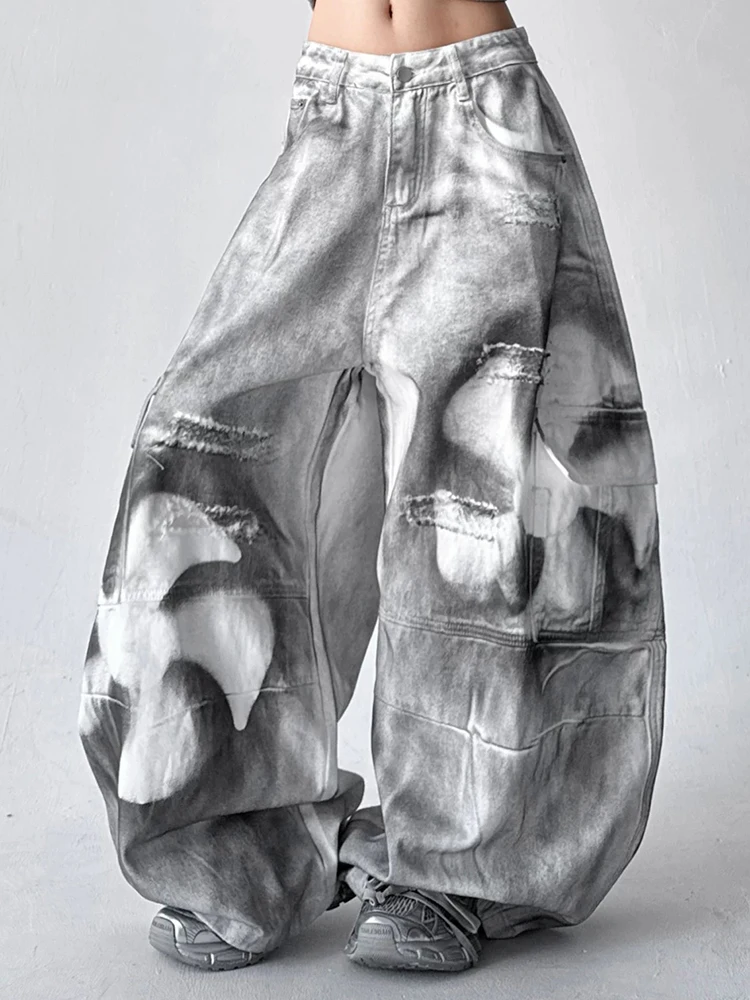 Spodnie damskie Y2K na zimę, casualowe, z nadrukiem farbą, luźne, wyszczuplające, z prostymi nogawkami, szerokie nogawki, uniwersalne jeansy, modne.